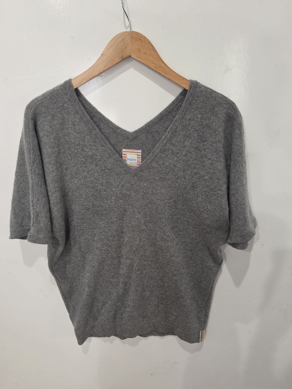 Happy 100% Cashmere V-Neck Sweater Gray Size L Lightweight Knit
